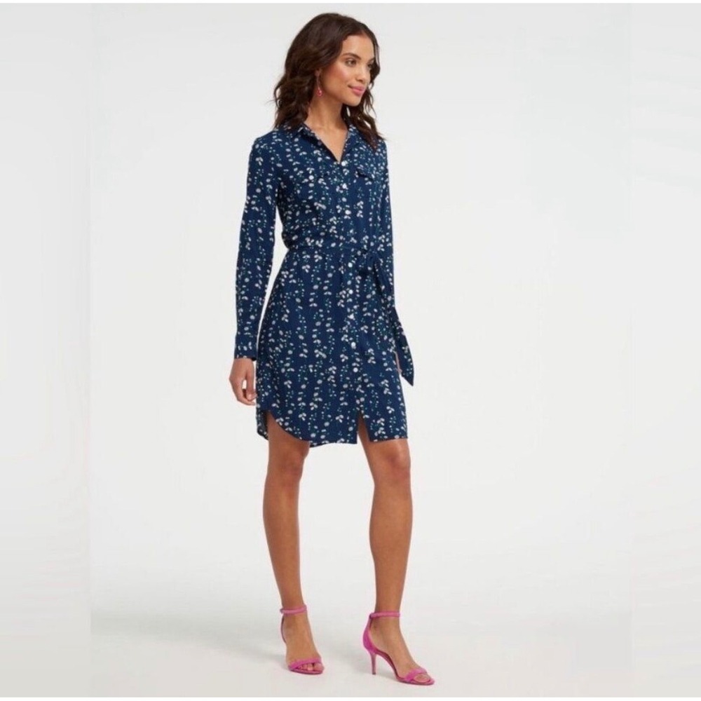Draper James Navy Blue Floral Long Sleeve Button Front Belted Shirt Dress Size 6